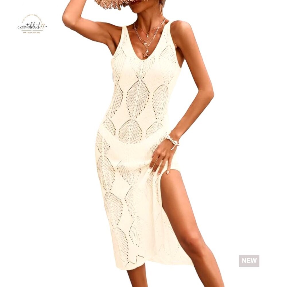 Sleeveless Midi Crochet Cover Up Dress, Sheath Silhouette, V-Neck